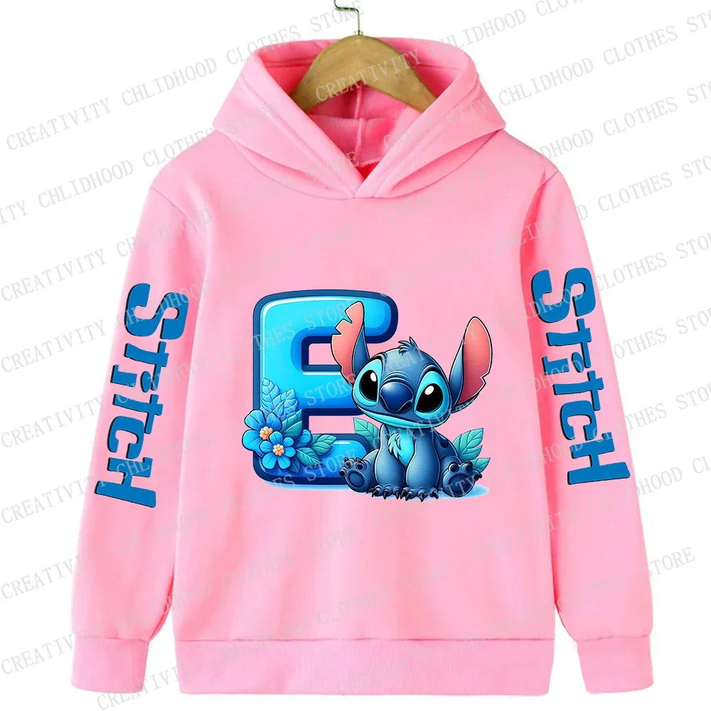 Stitch Children Hoodies 26 English Letters ABCD Kids Winter Pullover Casual Clothes Kid Girl Boy Cartoon Kawaii Tops Sweatshirts