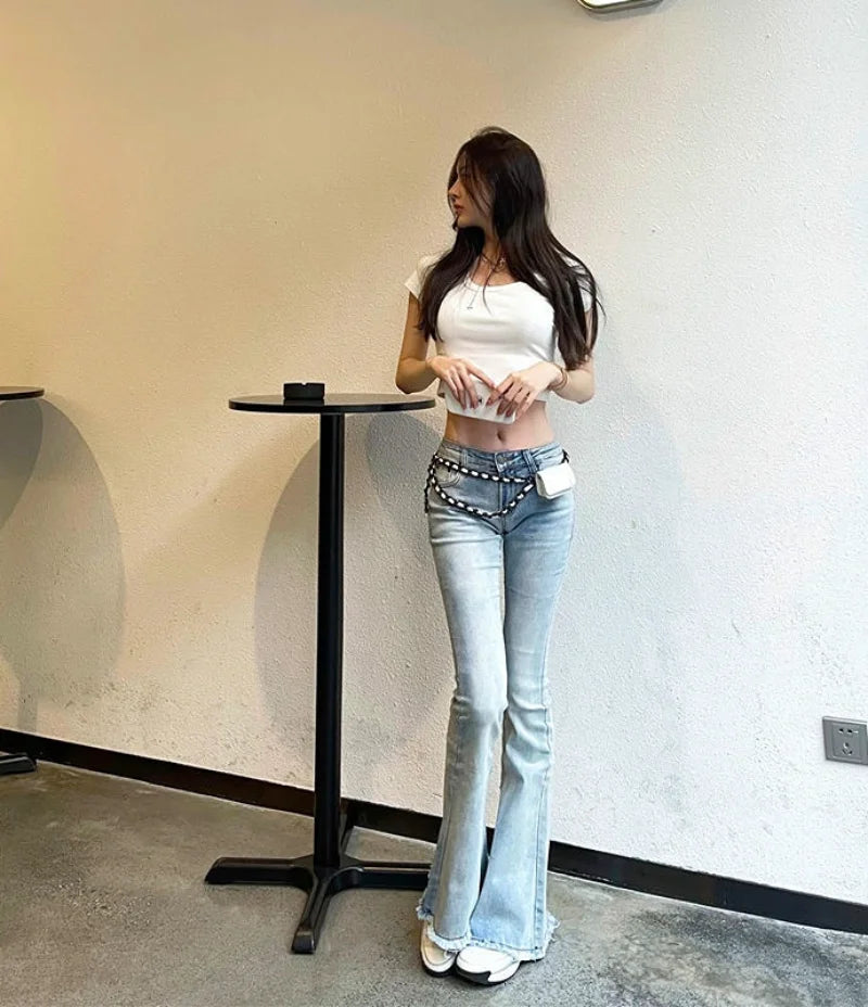 Womens Jeans Flared Trousers Blue Woman Pants Bell Bottom Skinny Slim Fit Low Rise Waist Flare with Pockets Wide Leg Grunge Y2k