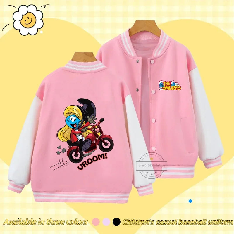 Smurfs Anime Men and Women's Casual Fashion Sports Baseball Jacket Cardigan Sweatshirt Jacket 3-14 Years Old Autumn