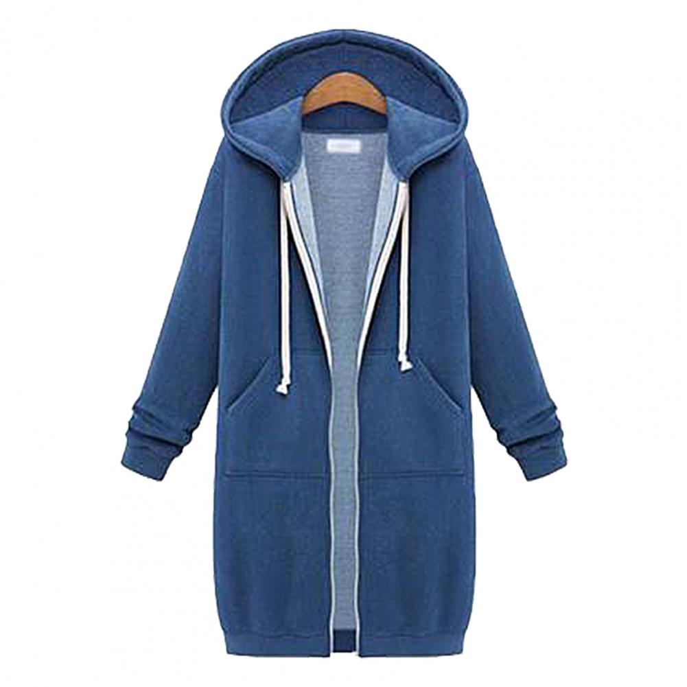 Solid Color Side Pockets Jacket Hoodie Long Sleeve Zipper Closure Drawstring Hooded Sweatshirt Ladies Clothing