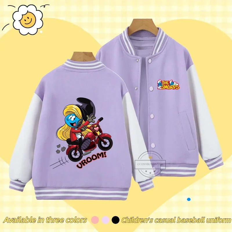 Smurfs Anime Men and Women's Casual Fashion Sports Baseball Jacket Cardigan Sweatshirt Jacket 3-14 Years Old Autumn