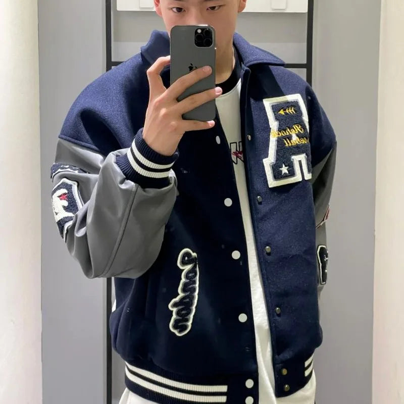 Men's Navy Blue Short Baseball Jacket Spring Autumn Embroidery Single Breasted Long Sleeves Turndown Collar Jackets Coat