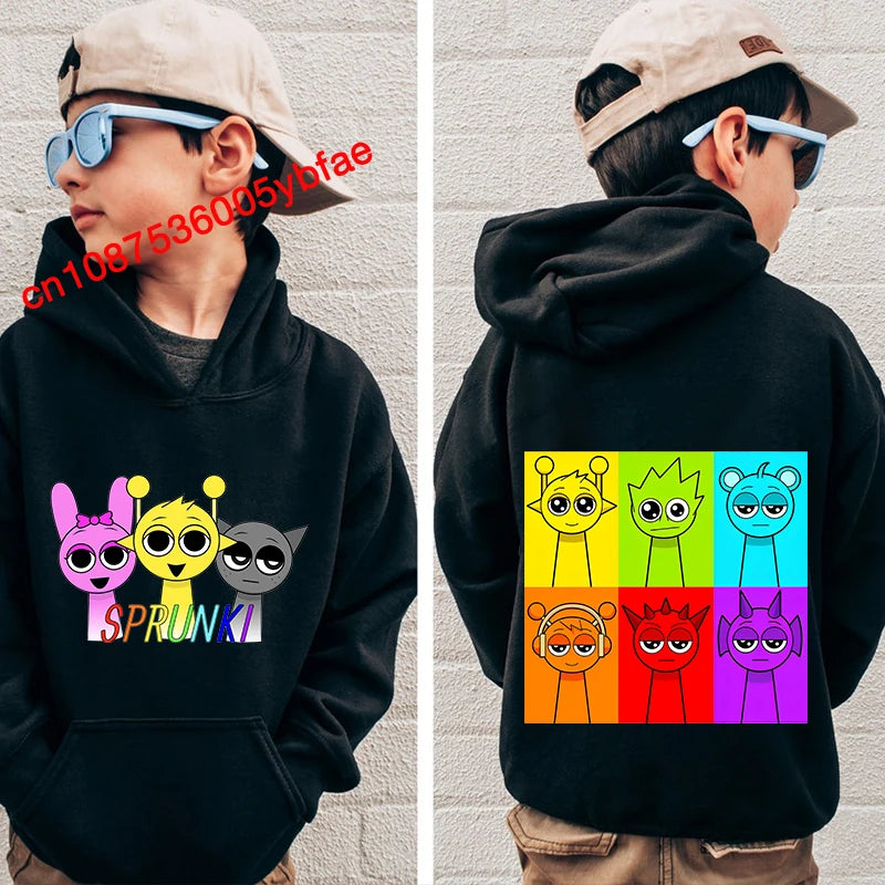 Cartoon Sprunki print kids hoodie black sports sweater casual children's clothing for boys