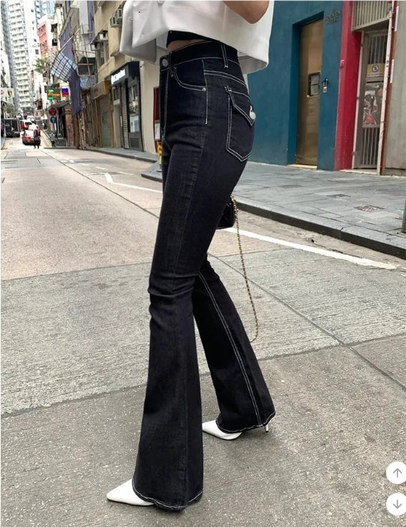 SHIAJIA Black Stretch Flare Jeans Women Pocket Streetwear Korean Chic Elastic Denim Pants Female Full Length High Waisted Jeans