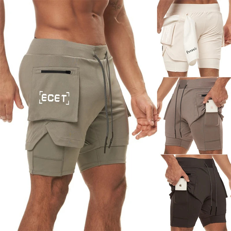 Men Sportswear Double-deck Running Shorts 2 In 1 Summer Short Pants