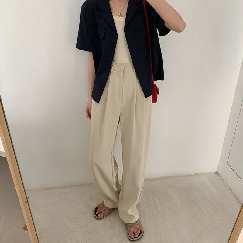 High Waist Women Suit Pants Fall Straight Office Ladies Korean Fashion Trousers Casual Button Loose Female Black Pants New 2024