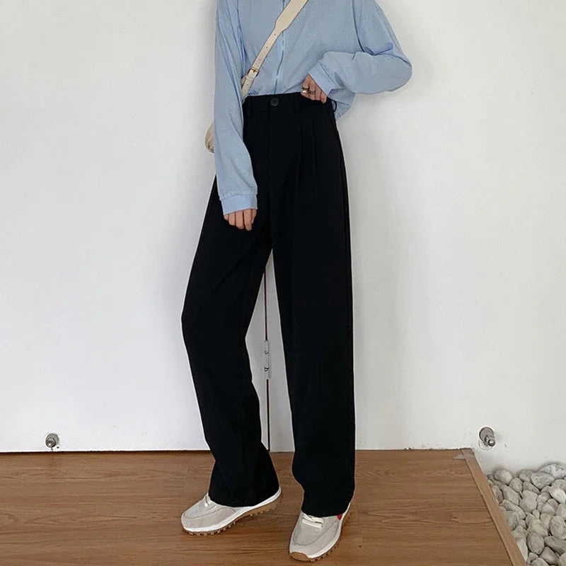 High Waist Women Suit Pants Fall Straight Office Ladies Korean Fashion Trousers Casual Button Loose Female Black Pants New 2024