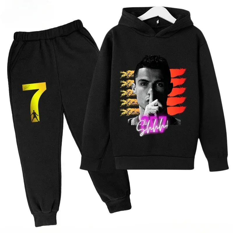 Children's Sports Hoodie Set Sweatshirt Pants 2-piece Set for Boy and Girl Ronaldo Avatar Printed Kid Clothes Baby Set Sportsuit