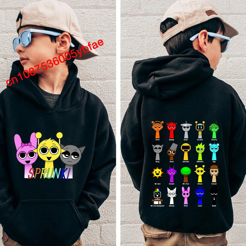 Cartoon Sprunki print kids hoodie black sports sweater casual children's clothing for boys