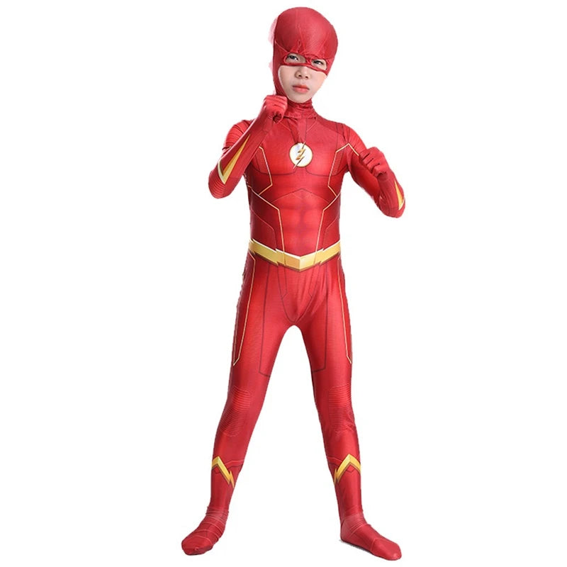 MINISO Kids Adult Superhero Flash Man Cosplay Costume Bodysuit Mask Flash Man Jumpsuit Halloween Carnival Party Costumes