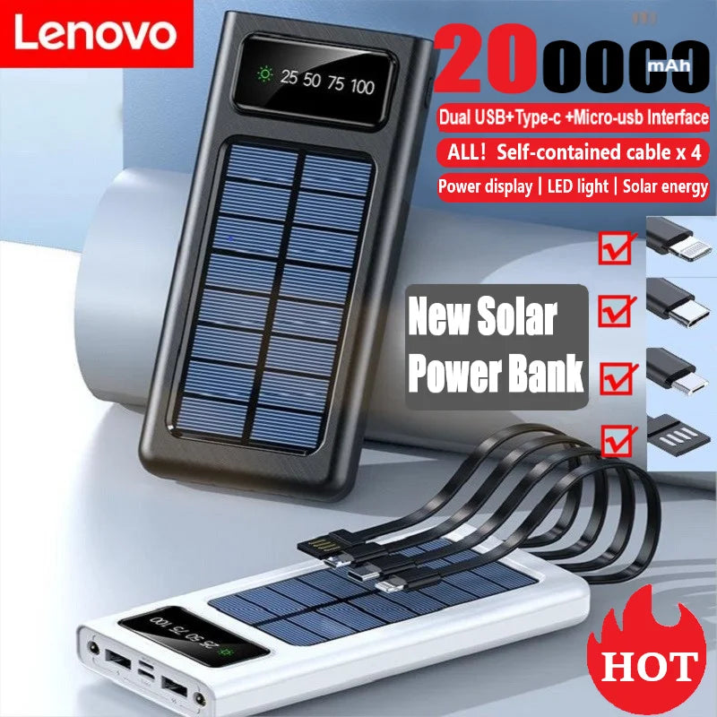 Lenovo 200000mAh Solar Power Bank Large Capacity Fast Charge With LED Dual USB Type-c Lightning interface For iPhone Samsung