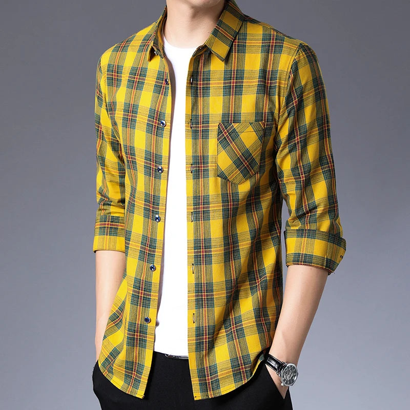 Spring Autumn Men's Fashion Long Sleeve Plaid Shirt Stylish