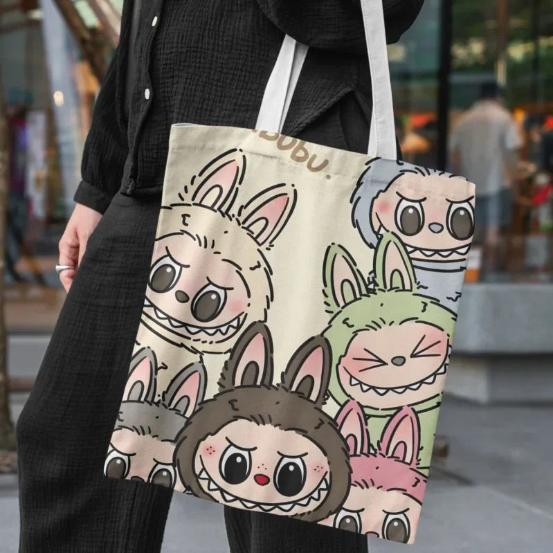 Lisa Same Labubu Canvas Bag Female Cute Cartoon Shopping HandBag College Casual Shoulder Anime Tote Bag For Women FJ07B