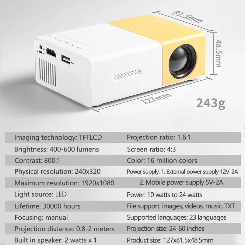 YG300 LED Mini Projector HD 320x240p compatible with HDMI USB TF Audio home Multimedia Player Smart projector Portable Travel