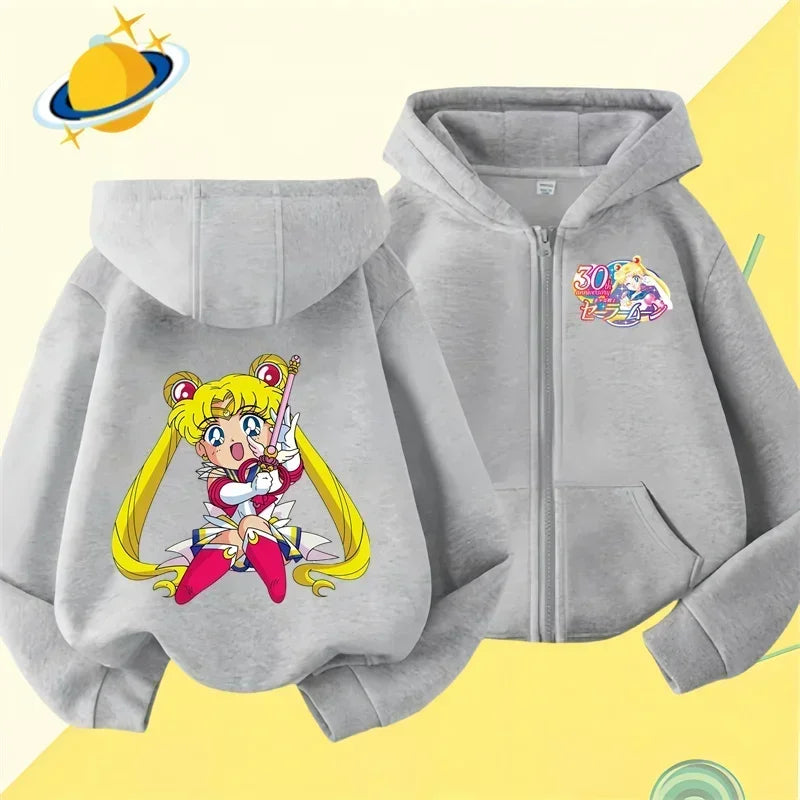 Anime Sailor Moon zipper hoodie for kids cartoon printed Fall/Winter long-sleeved sweatshirt casual girl Kawaii clothing