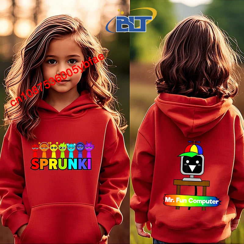 Cartoon Sprunki printed children's clothing kids hoodie red sports sweater casual tops for girls