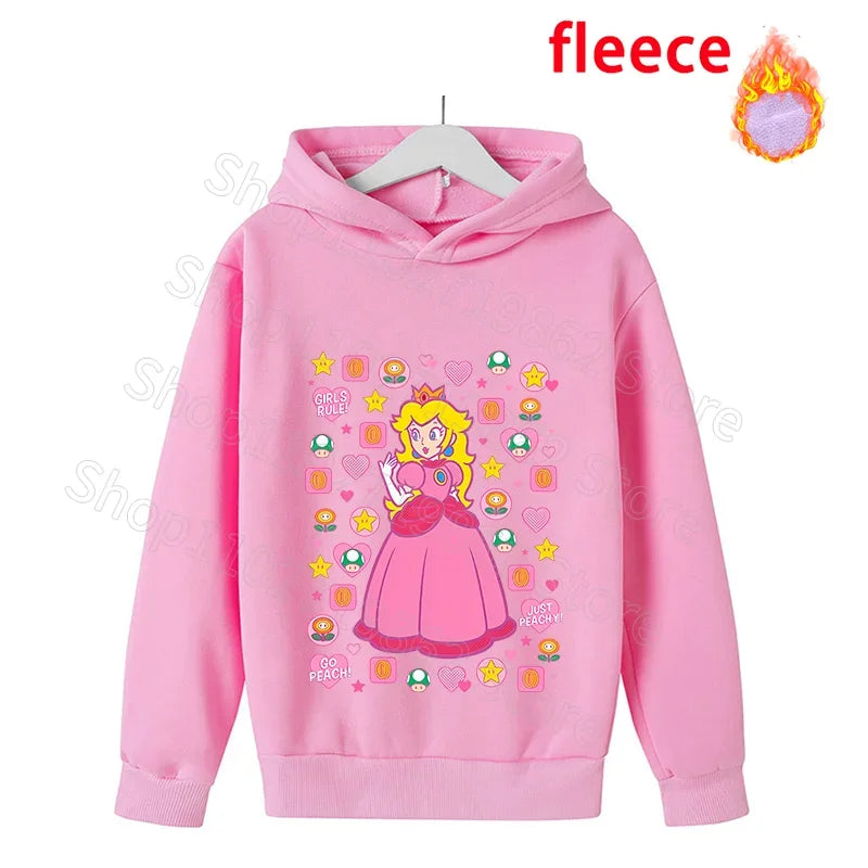 Super Mario Bros Kids Clothes Princess Peach Luigi Fleece Sweatshirts Cartoon Game Character Pattern Long Sleeves Baby Show Gift