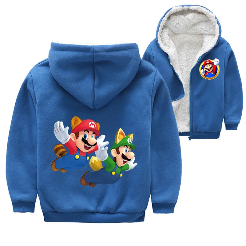 Mario Game Anime Peripheral Children's Clothing Warm Jacket Thickened Velvet Hooded Zipper Cardigan Coral Velvet Winter Coat