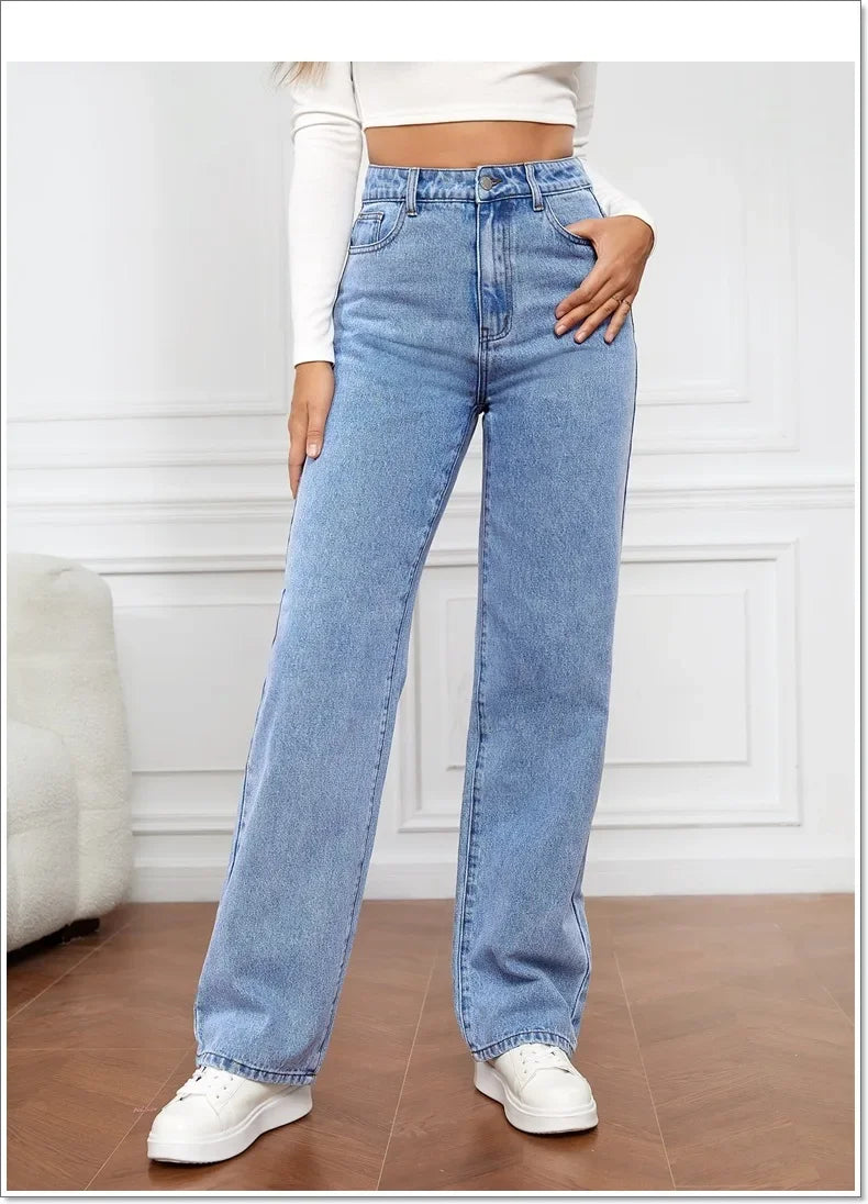 Women Jeans Straight Pants Denim Washing High Waist Loose Fit Pockets Basics Ankle Length Pants Solid Color Slight Strech