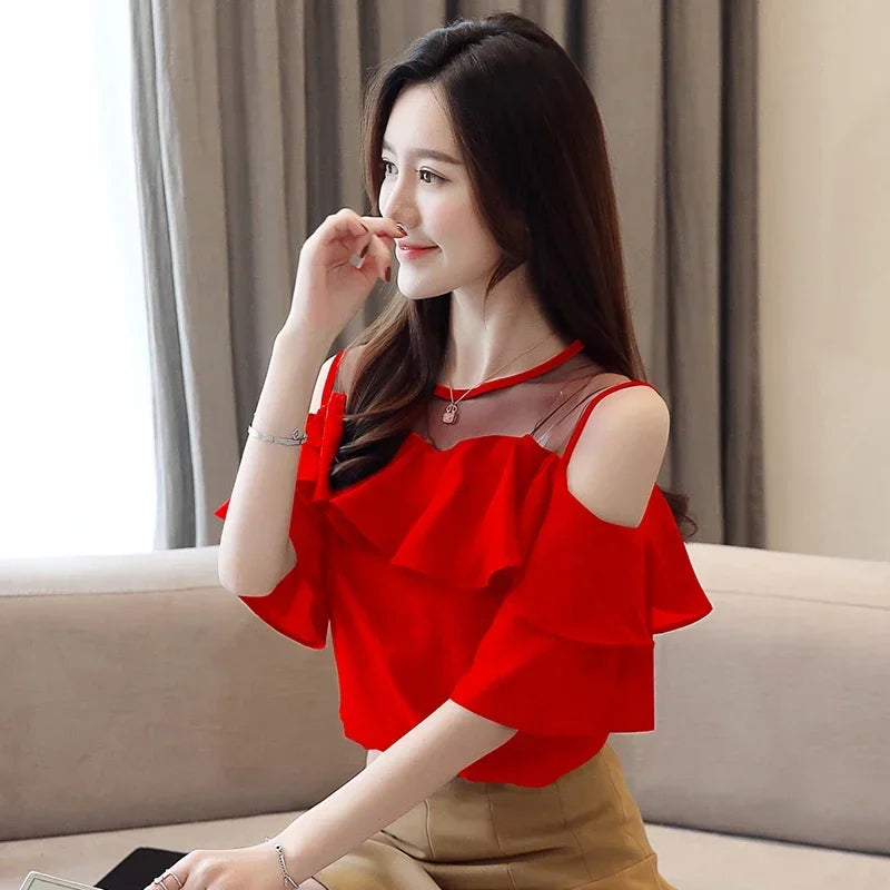 Mesh Chiffon Blouse Summer Short Sleeve Ruffles Tops Sexy Off Shoulder Shirt