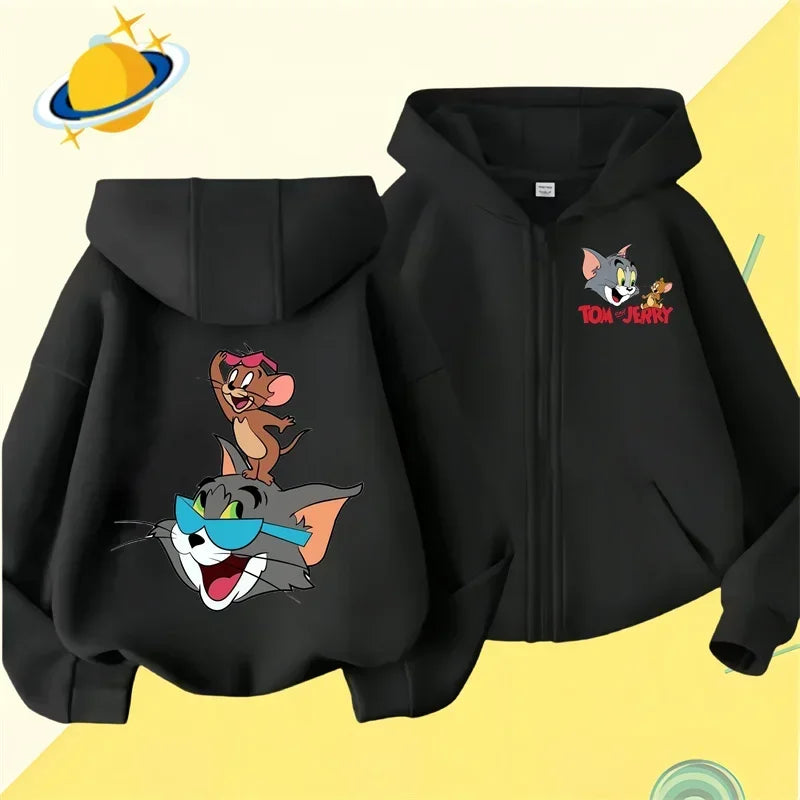 Cat and Mouse kids zipper hoodie cartoon print Autumn/Winter long-sleeved hooded sweatshirt casual top for boys and girls