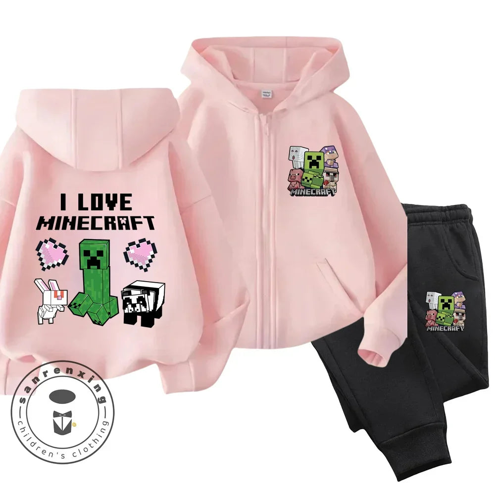 Melody Anime Printed Boy's and Girl's Minecraft Hoodies Zipper Set Casual Sports Fashion Top,Pants for Ages 3-14