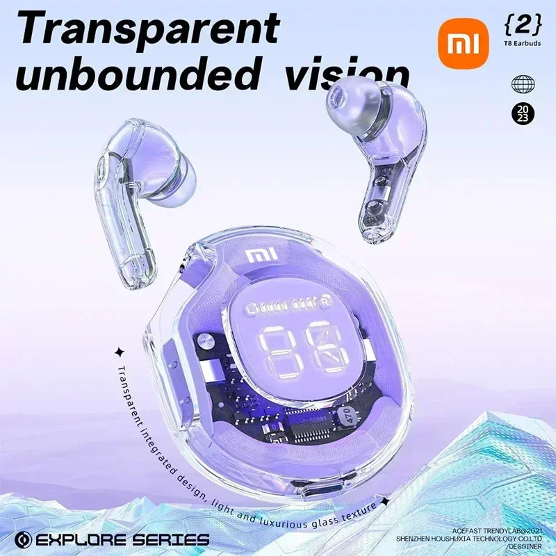 Original Xiaomi T8 TWS Wireless Bluetooth Earphones Transparent HIFI Headphones LED Power Digital Display Stereo Sound Earphones