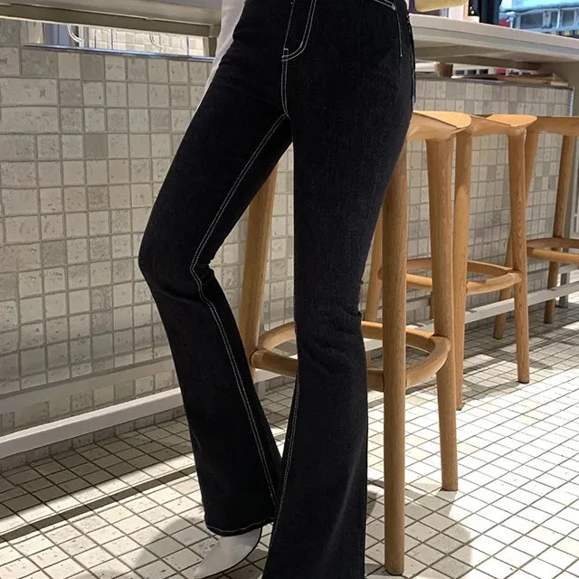 SHIAJIA Black Stretch Flare Jeans Women Pocket Streetwear Korean Chic Elastic Denim Pants Female Full Length High Waisted Jeans