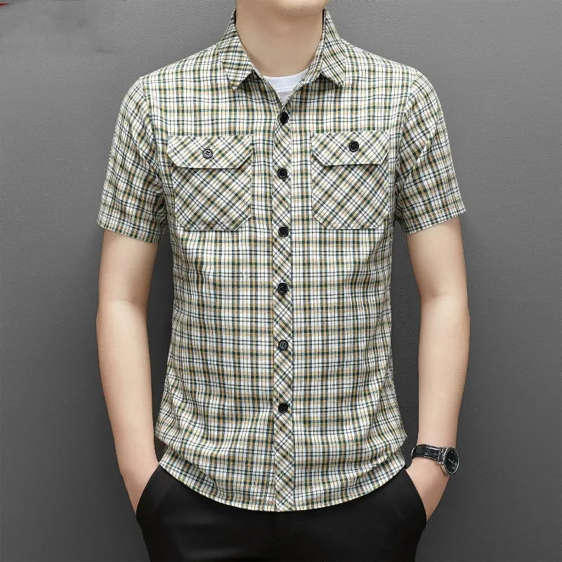 Summer Cotton Men's New in Shirt Slim Fit Plaid Striped Fashion Vintage Tops