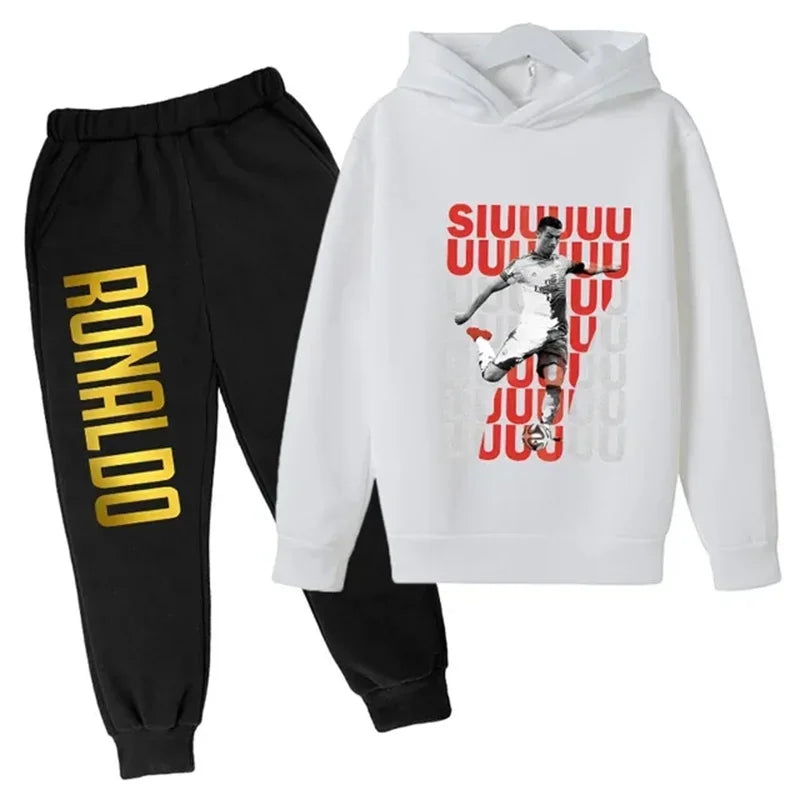 Ronaldo printed children's hoodie set autumn and winter fleece hooded pants two-piece sports casual children's clothing