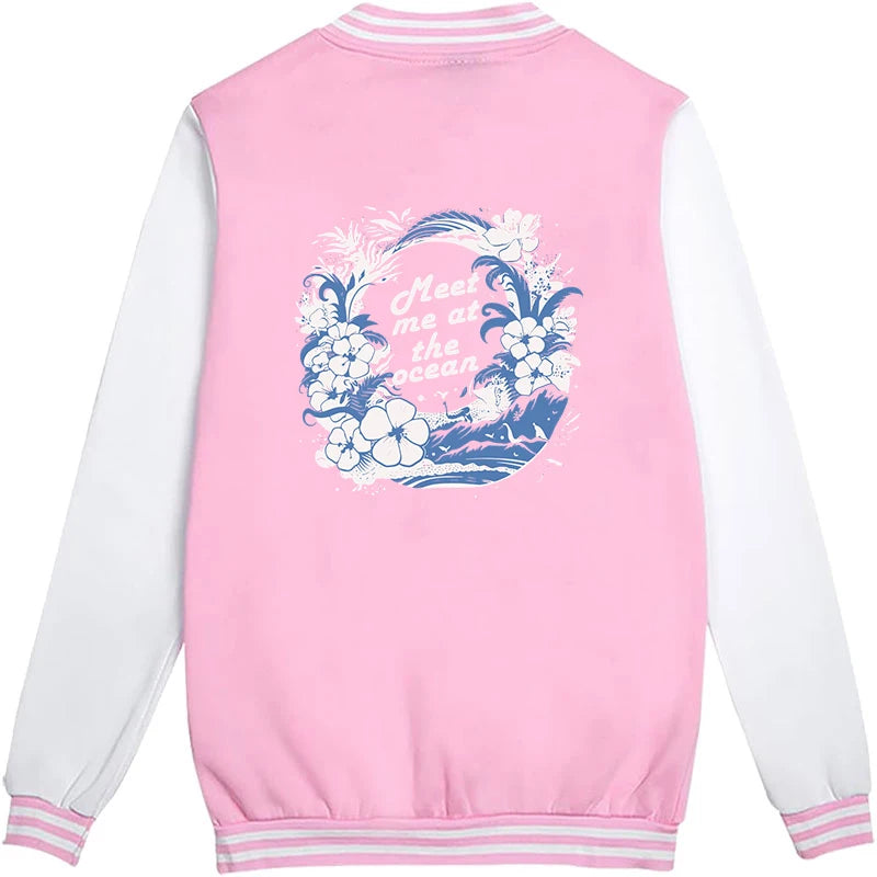 Hibiscus Flower Lover Classic Baseball Jacket Girl Meet Me At The Ocean Girls Fashion Overcoat Ocean Beach Vacation Gift Jackets