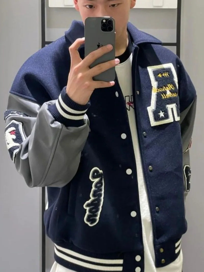 Men's Navy Blue Short Baseball Jacket Spring Autumn Embroidery Single Breasted Long Sleeves Turndown Collar Jackets Coat