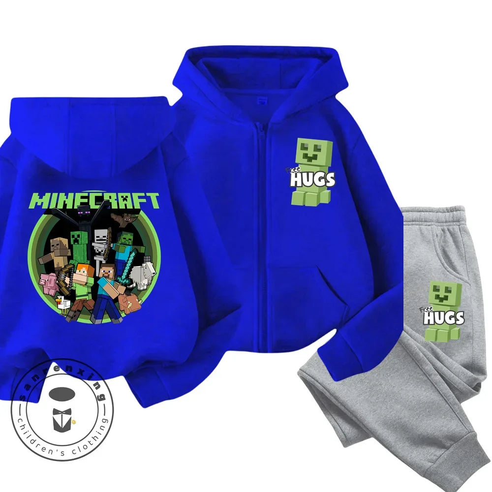 New Disney Minecraft Printed Pattern Children's Zipper Hoodie Set Cute Girls' and Boys' Casual Sports Hoodie Set Campus Style