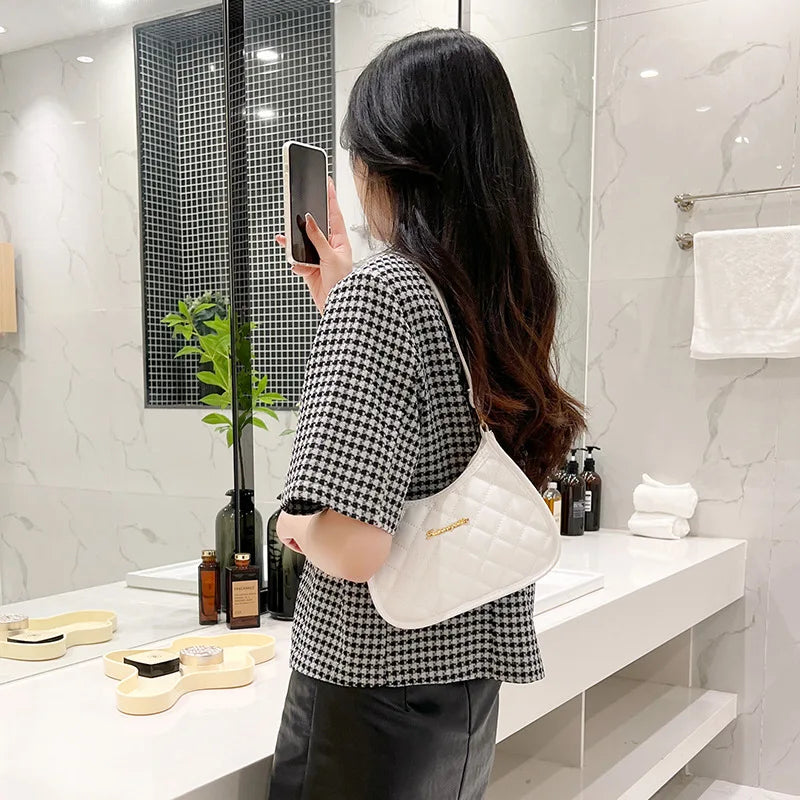 Simple Shoulder Bags For Women Solid Color Pu Leather Underarm Bag Female Fashion Rhombus Pattern Phone Purse Handbag Ladies New