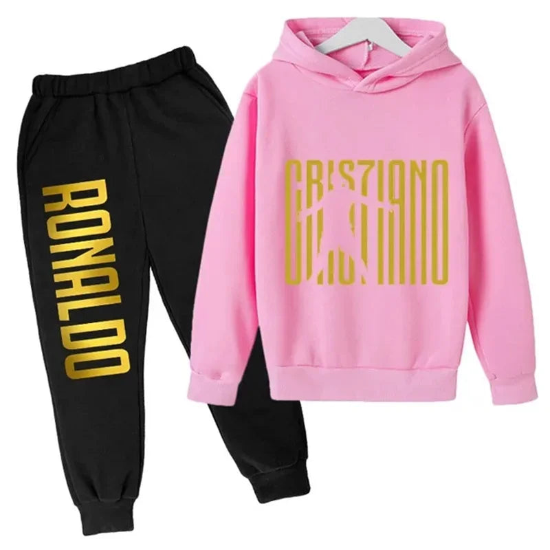 Ronaldo printed children's hoodie set autumn and winter fleece hooded pants two-piece sports casual children's clothing