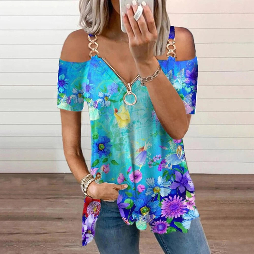 Zipper V Neck Chain T-Shirt Cold Shoulder Summer Blouse  Tops Clothing