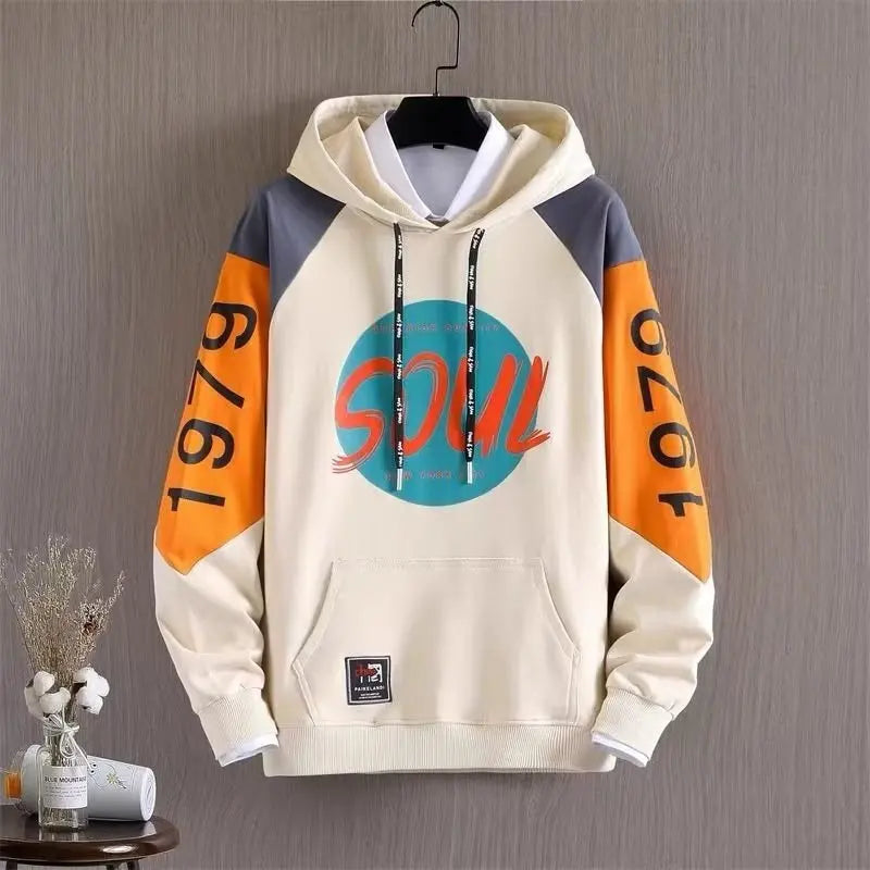 Autumn Men's Hoodie,Teen Fleece Jacket,Outdoor Casual Sweatshirt,Korean Fashion Print Men's Clothing, Retro Sleeve Hoodie 2022