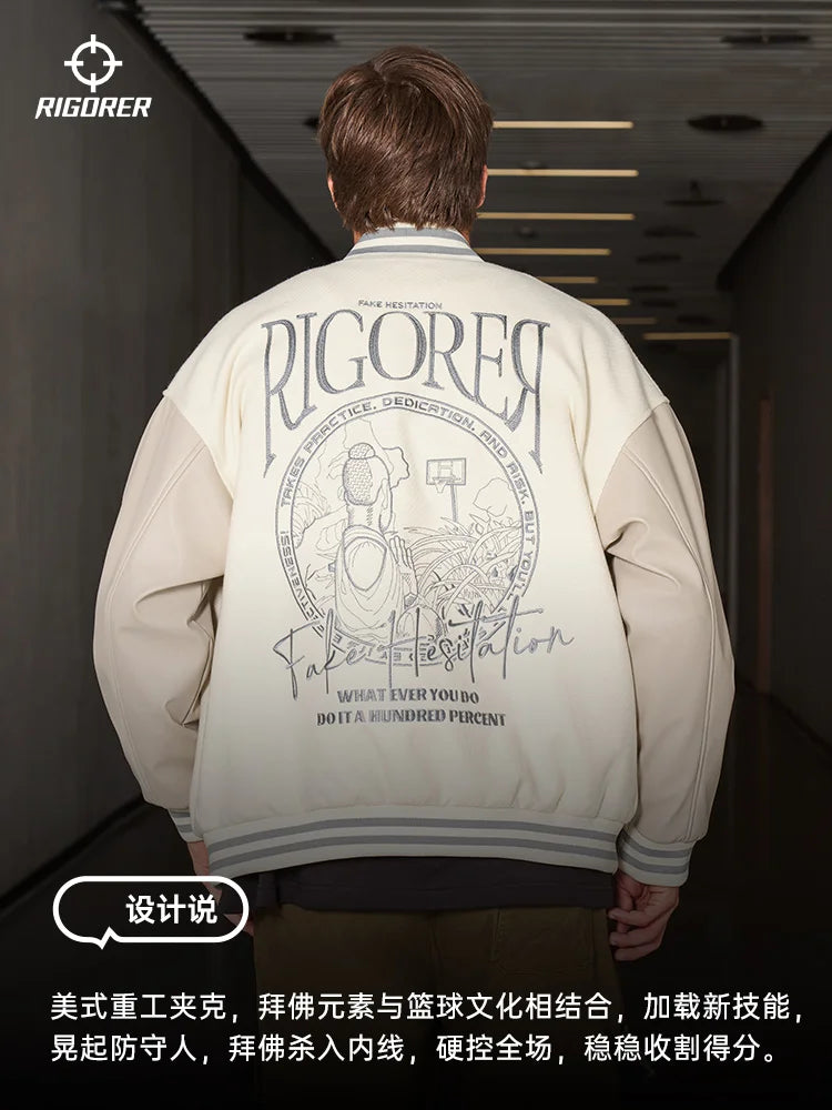 RIGORER American Baseball Suit Men Buddha Payer Embroidered Jacket Sports Casual Cardigan Knitted Jacket Baseball Uniform