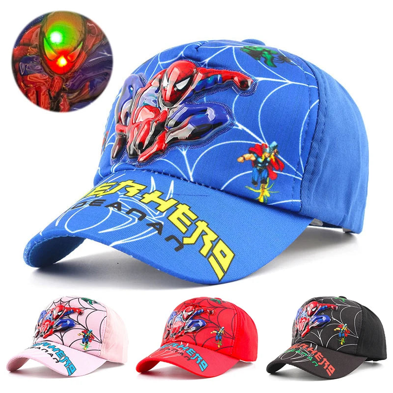 Disney Anime Led Light 3D Spiderman Baseball Cap For Boys Cartoon Autumn Baby Hats Spider Man Children's Sun Caps Kids Hat Cap