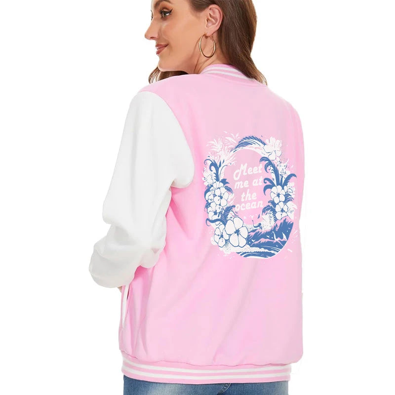 Hibiscus Flower Lover Classic Baseball Jacket Girl Meet Me At The Ocean Girls Fashion Overcoat Ocean Beach Vacation Gift Jackets