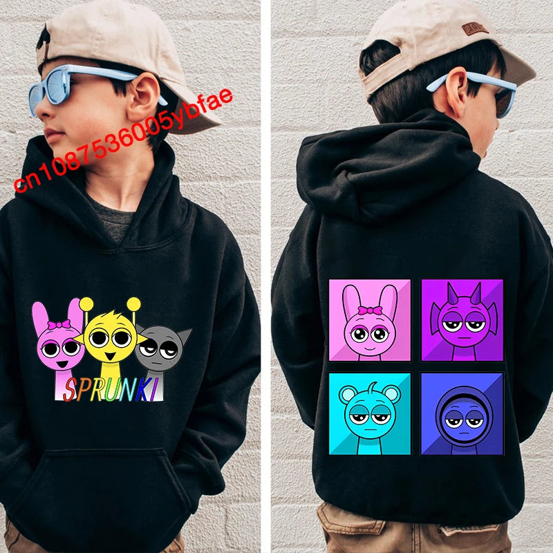 Cartoon Sprunki print kids hoodie black sports sweater casual children's clothing for boys