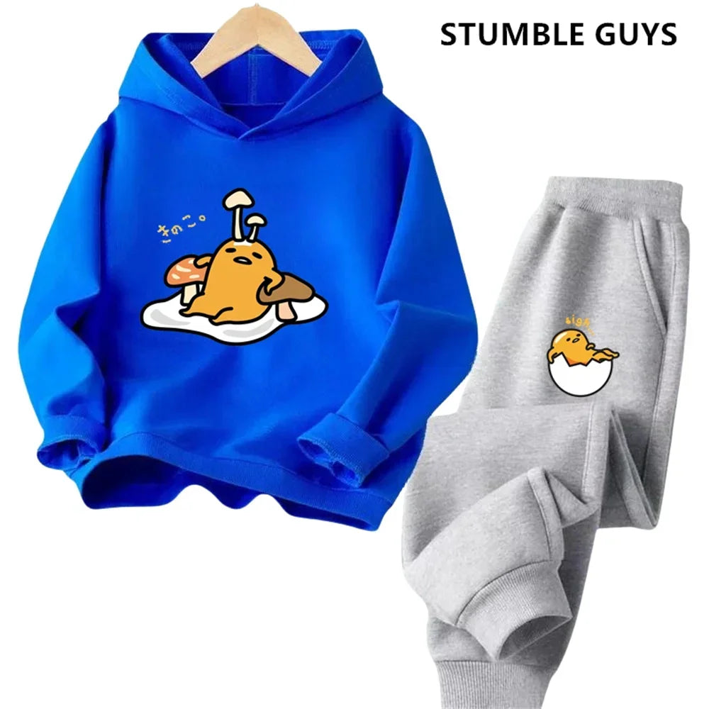 Gudetama Trucksuit Cartoon Boys and Girls 3-14 Years Old Kawaii Street Casual Sweatshirt Children's Outdoor Sports Hoodie Set