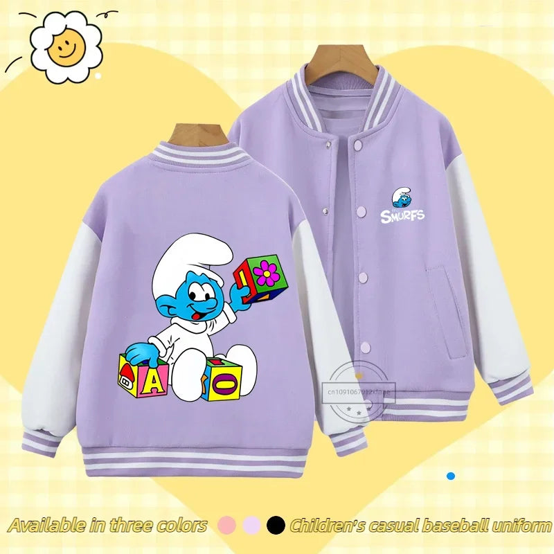 Smurfs Anime Men and Women's Casual Fashion Sports Baseball Jacket Cardigan Sweatshirt Jacket 3-14 Years Old Autumn