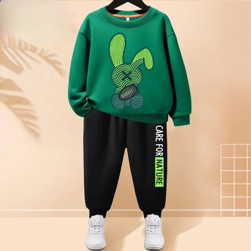 Autumn Children Boy Clothes Set Kid Girls Cartoon Rabbit Printed Sweatshirts Pullover Top And Pants 2 Pieces Suit Tracksuits