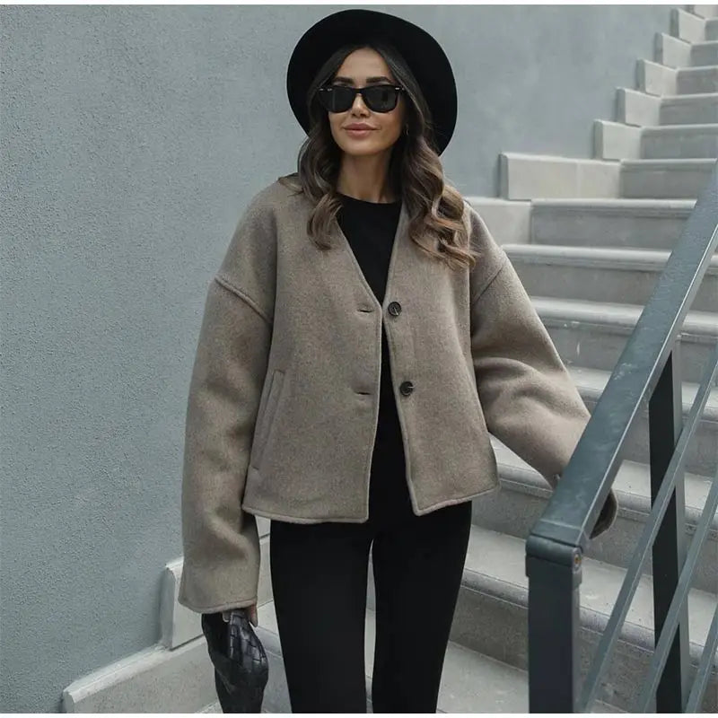 Chic Single Breasted V-neck Oversized Jackets Women's Fashion Solid Long Sleeve Warm Woolen Coats 2024 Lady Casual Streetwear