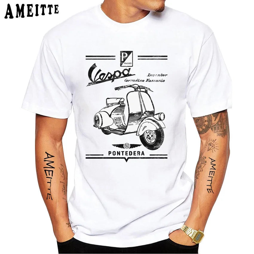 New Summer Men's Short Sleeve Retro Classic Vespa Italy Scooter Art Print T-Shirt Hip Hop Boy Casual White Tops Vintage Man Tees