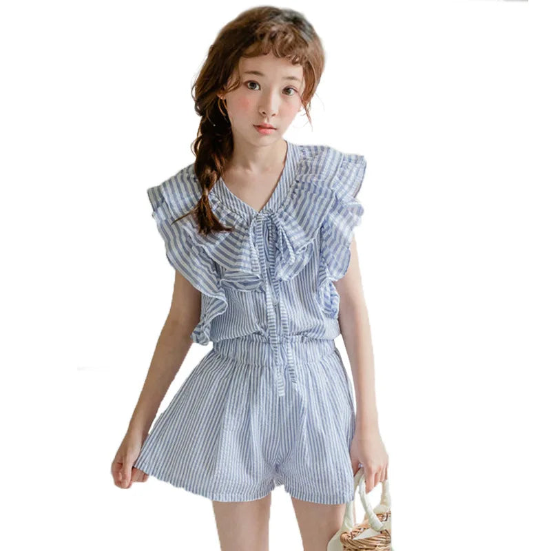 2024 new Summer baby Girls Kids Clothes flounce chiffon stripe plaid T Shirt blouse + hot Pants teens 7 8 9 10 11 12 13 14 Years