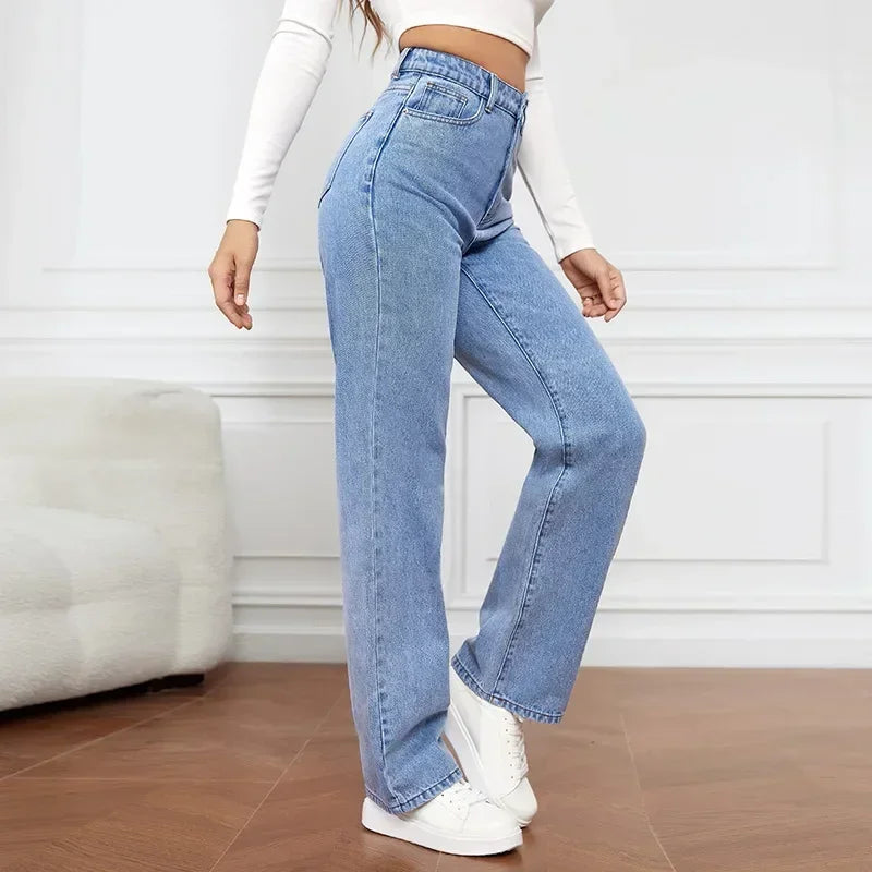 Denim Jeans Women Straight Pants Washing High Waist Loose Pockets Basics Ankle Length Y2k Blue Pants Streetwear Slight Strech