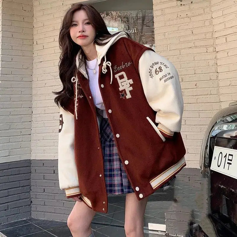 American Retro Preppy Style Baseball Jacket Plush Thick Blazers Women Autumn Winter New Student Harajuku Cardigans Hooded Coat