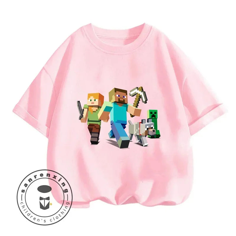 Minecraft T-shirt Summer Children Clothes Kids Tops Toddler Round Neck Short-sleeved Cartoon Shirt Top